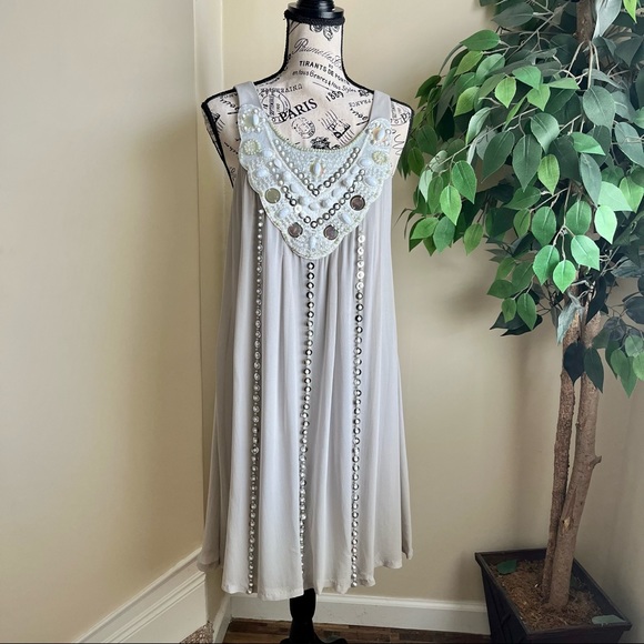 Sue Wong Nocturne Silk Beaded Cocktail Shift Dress Gray Sz 6